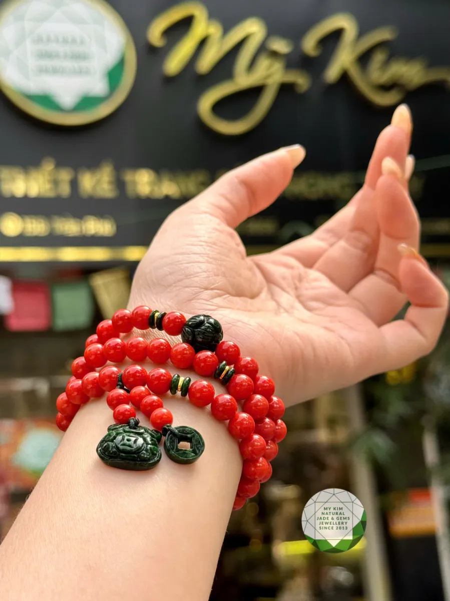 Chuỗi Vòng San Hô Đỏ Cam mix Ngọc Jadeite - Charm Vàng 2.4k