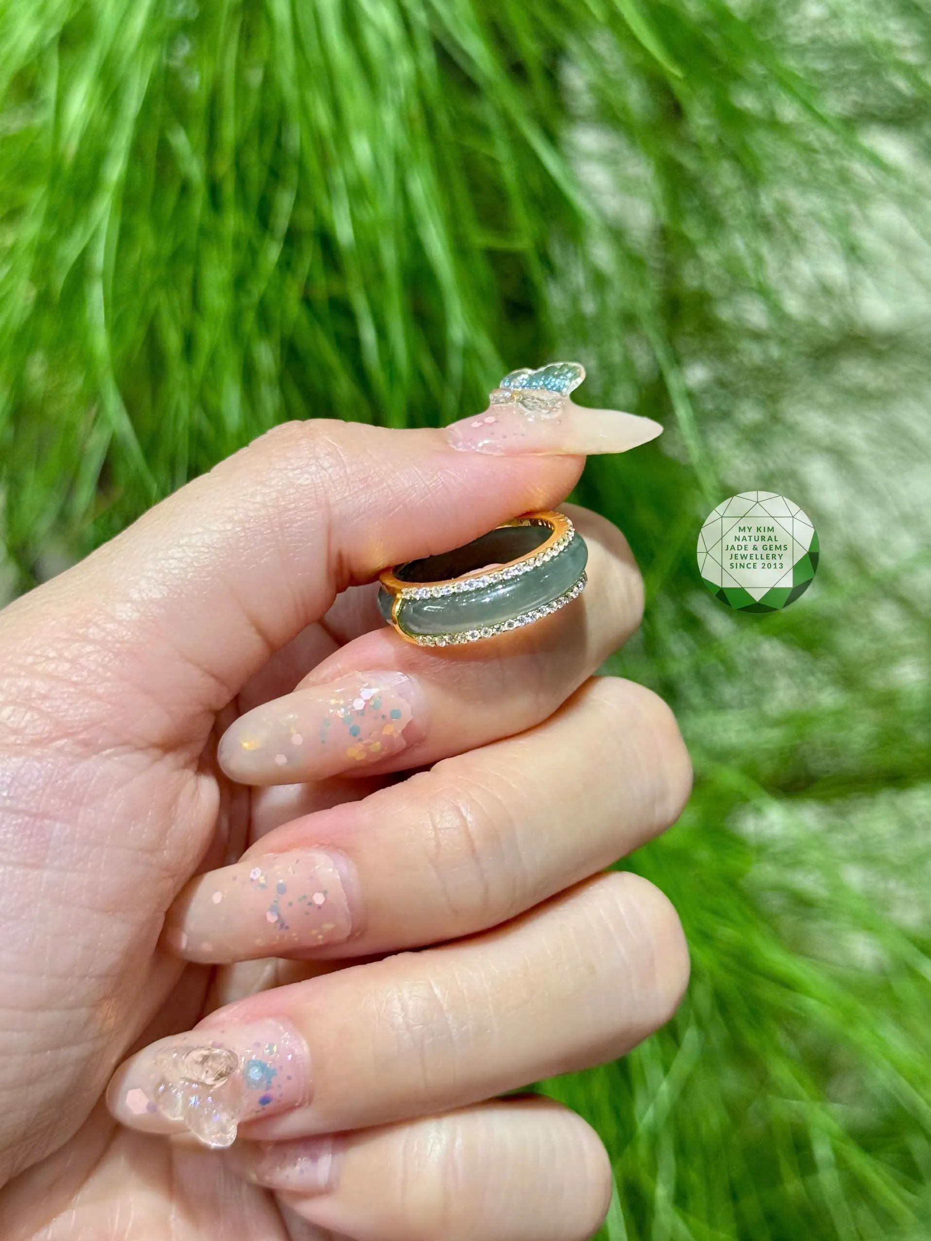 ✨ Nhẫn Lam Ngọc Phỉ Thúy Viền Vàng Đính Moissanite