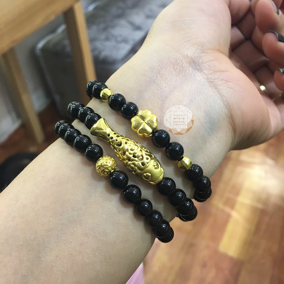 Vòng đá tektit set 3 vòng charm vàng 24k