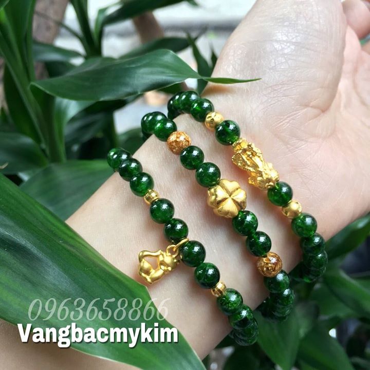 💚 Vòng Tay Diopside – 3 Vòng Quấn Mix Charm Vàng Tỳ Hưu, Hồ Ly, Cỏ Bốn Lá | Vững Vàng – Duyên Dáng – May Lành