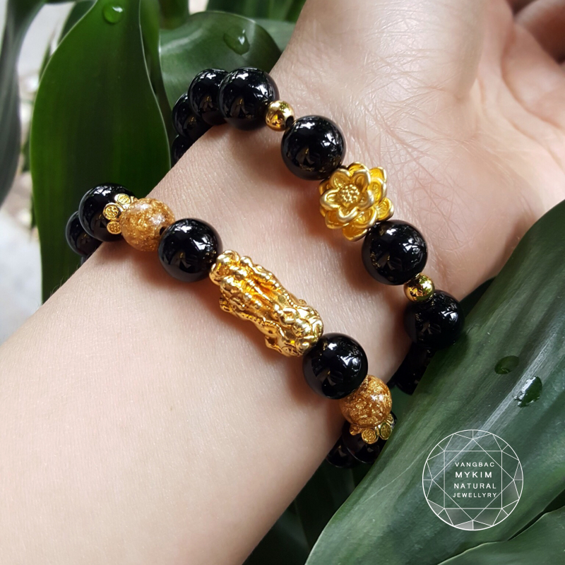 Vòng đá Mã Não Đen mix Phụ kiện Bạc mạ vàng