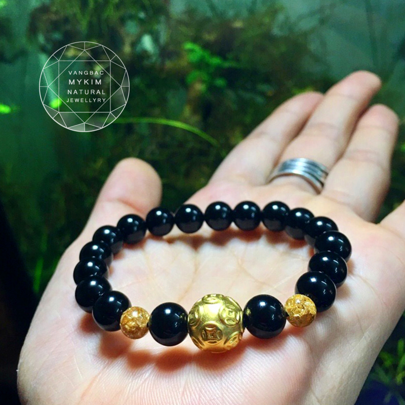 Vòng đá tektit mix charm kim tiền vàng 24k 999,9