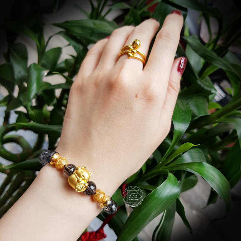 Vòng Thạch anh tóc đen mix Mèo thần tài vàng 24k 999,9