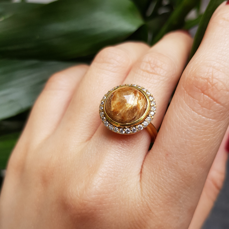 🔴 Nhẫn Thạch Anh Tóc Vàng Bọc Vàng Tây 10-18k