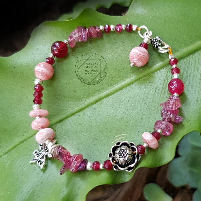 Vòng đá tourmaline Hồng mix bạc 925