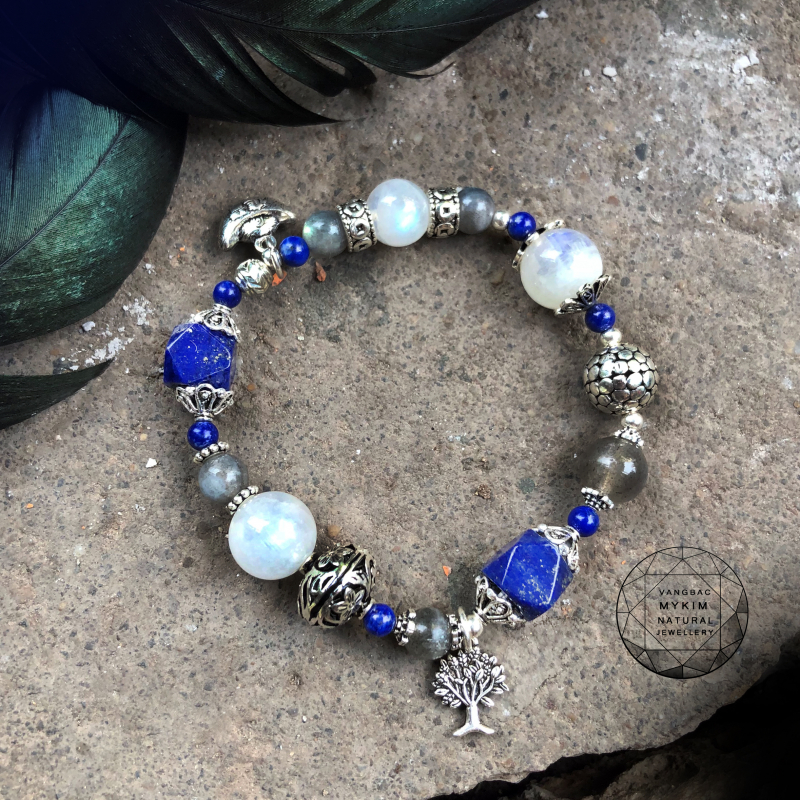 Mẫu vòng đá Lapis và đá mặt trăng thiên nhiên kết bạc cao cấp