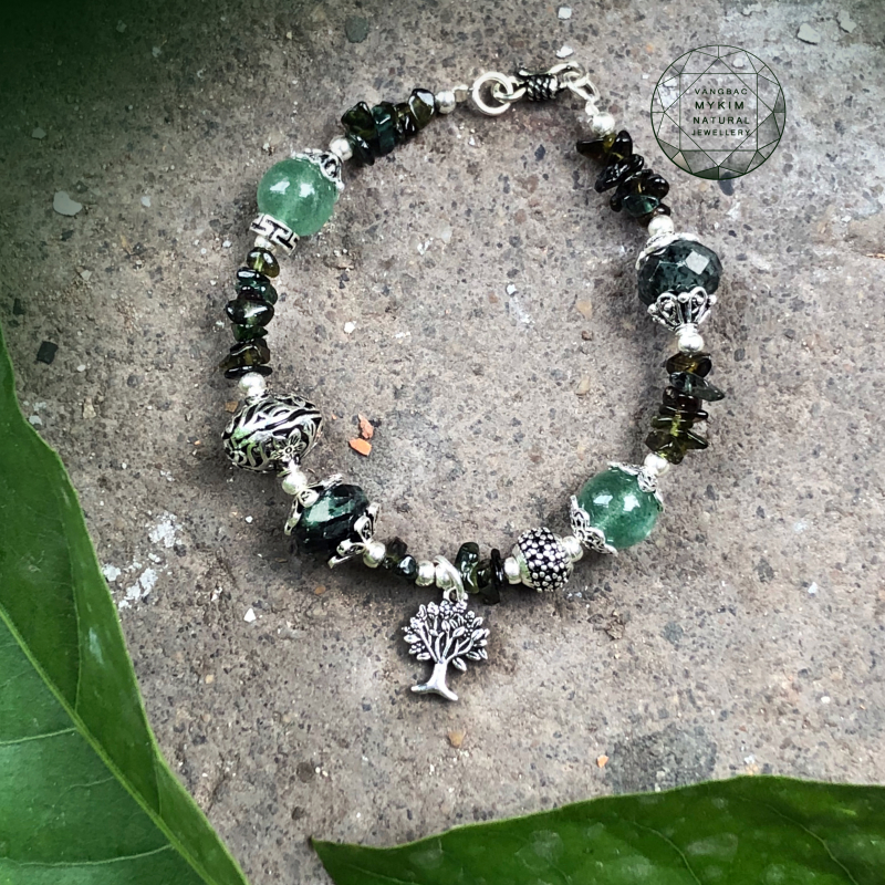 Mẫu vòng đá Ruby nam phi + tourmaline + Thạch anh dâu xanh thiên nhiên