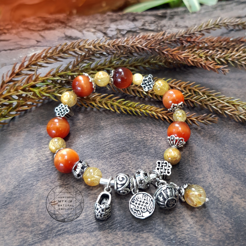 🔴 Vòng Đá Thạch Anh Tóc Vàng VIP Mix Mắt Hổ Thiên Nhiên – Kết Bạc Cao Cấp