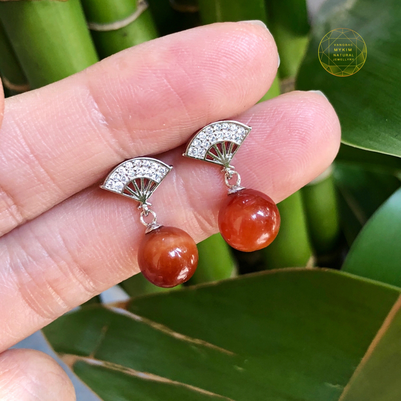 Khuyên tai Bạc si vàng trắng 18k - Mắt hổ cam