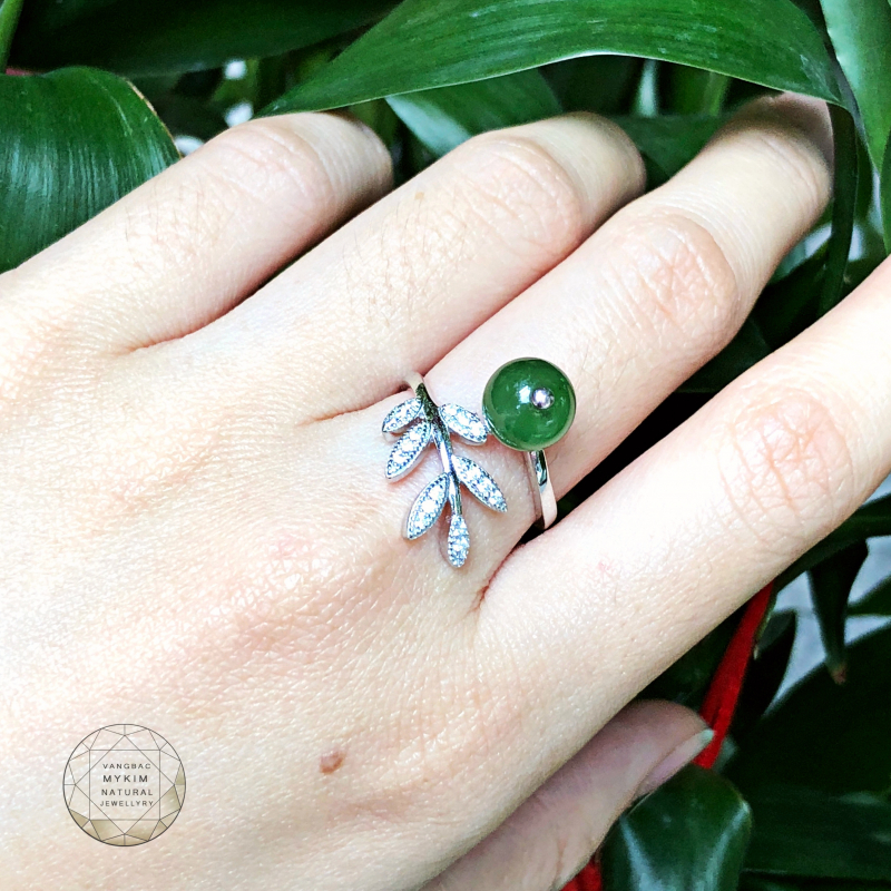 Nhẫn lá Ngọc bích Bạc si vàng trắng 18k
