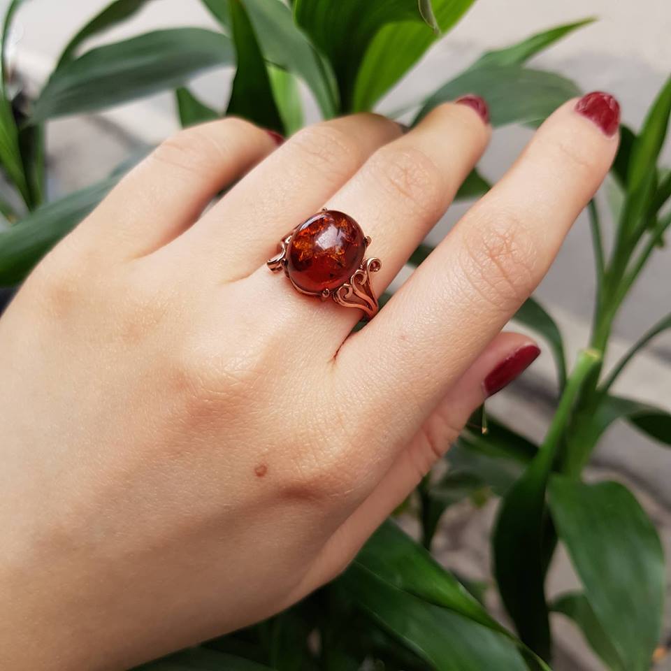 Nhẫn Hổ phách thiên nhiên Bạc si vàng hồng