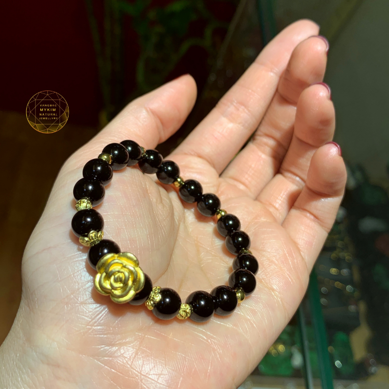 Vòng đá Mã Não - Hoa hồng bạc mạ vàng cao cấp