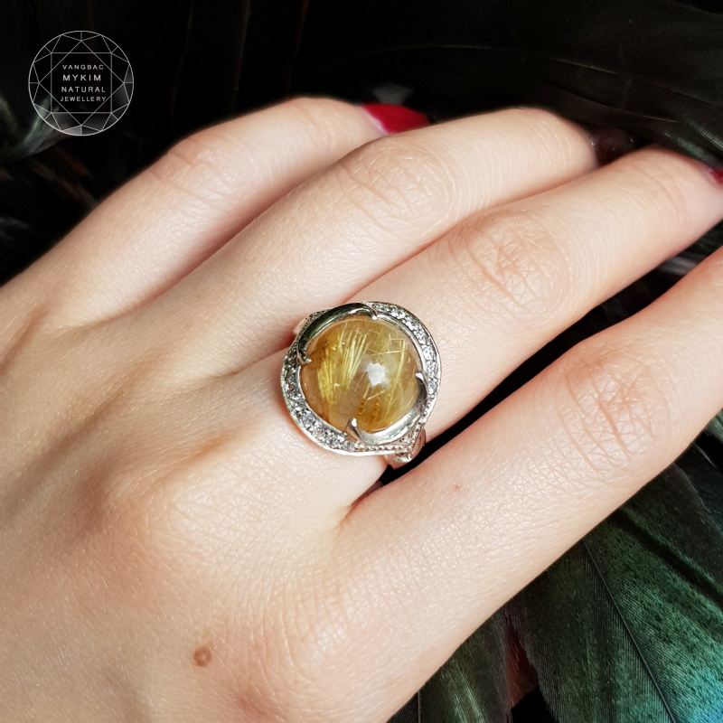 Nhẫn Thạch anh tóc vàng - Bạc si vàng trắng 18k cao cấp