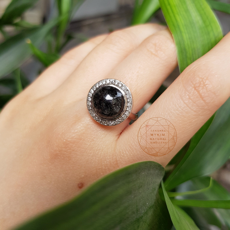 Nhẫn Thạch anh tóc đen - Bạc si vàng trắng 18k cao cấp