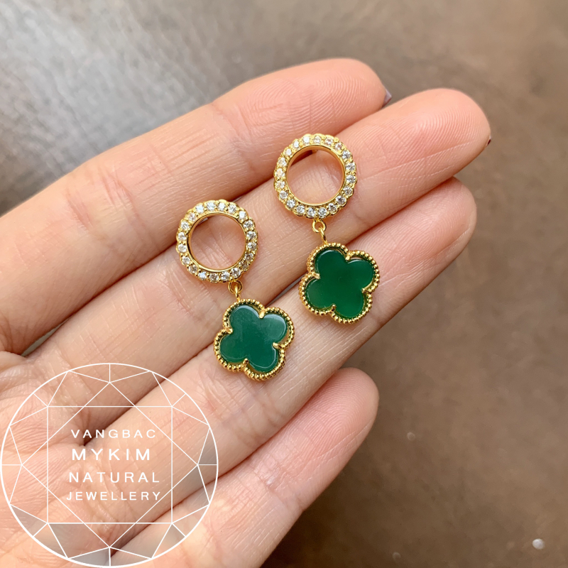 BÔNG TAI NGỌC BÍCH CỎ BỐN LÁ 🍀 VÀNG 10K | 14K | 18K – MAY MẮN & TÀI LỘC