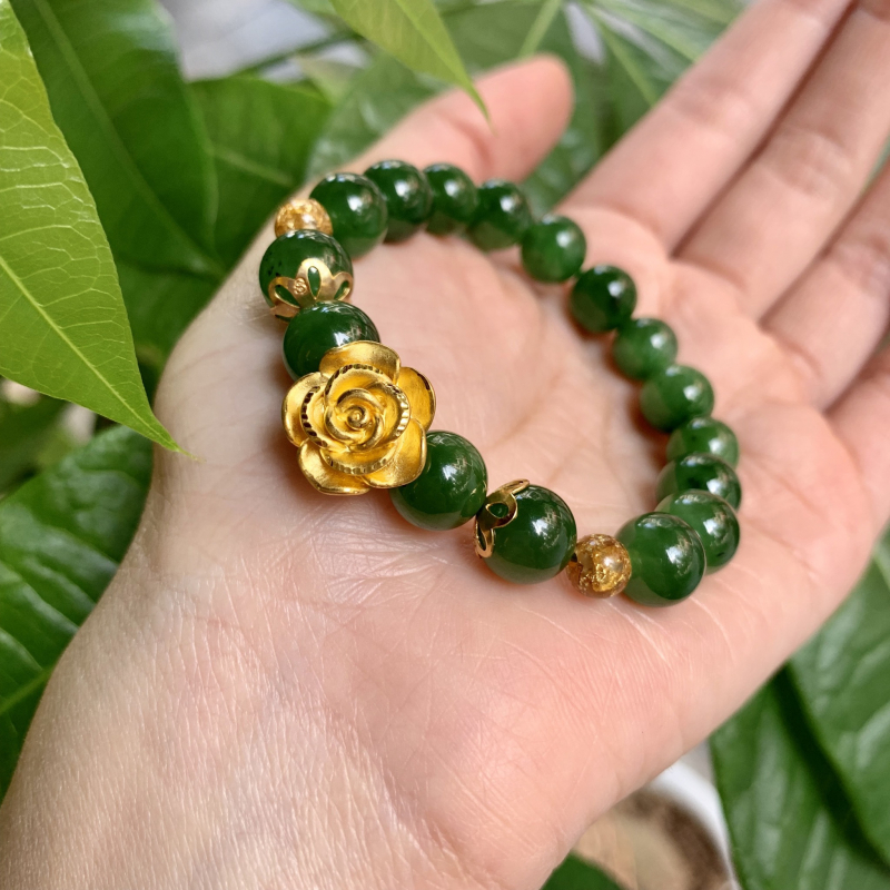💎 Vòng Tay Ngọc Bích Nephrite • Charm Hoa Hồng Vàng • Trang Sức Phong Thủy Tài Lộc
