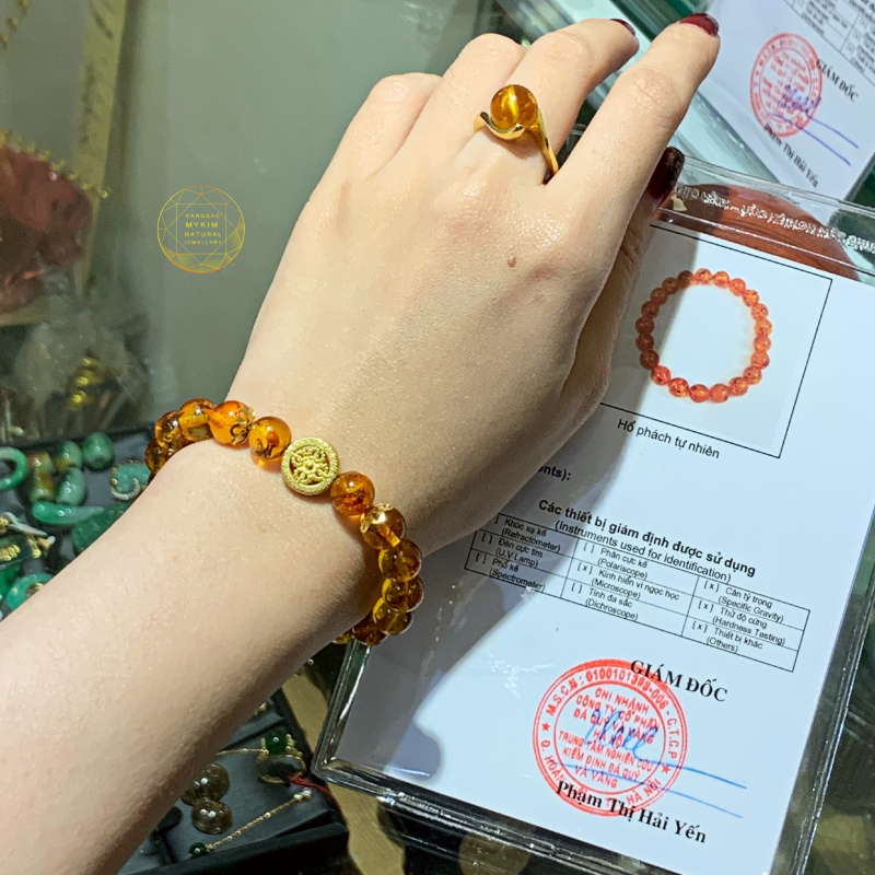 💫 Vòng Hổ Phách Ong Mix Bánh Xe Pháp Luân Vàng – Ánh Sáng Từ Bi Trên Cổ Tay