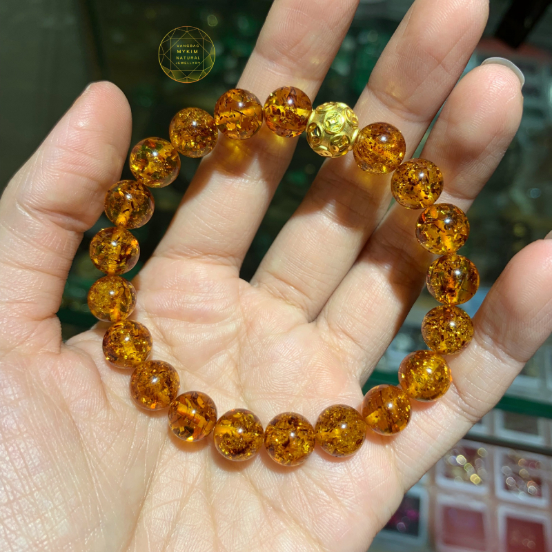 ✨ Vòng Tay Hổ Phách Ong Vàng VIP Sz ~8mm Mix Charm Kim Tiền Vàng