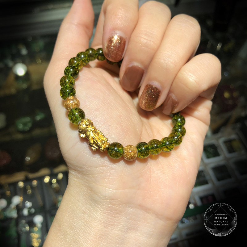 vòng thạch anh xanh vân mix charm tì hưu vàng 24k  tài lộc