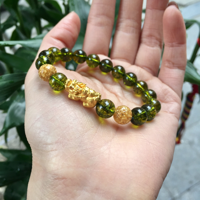 Vòng thạch anh xanh mix charm tỳ hưu vàng tài lộc