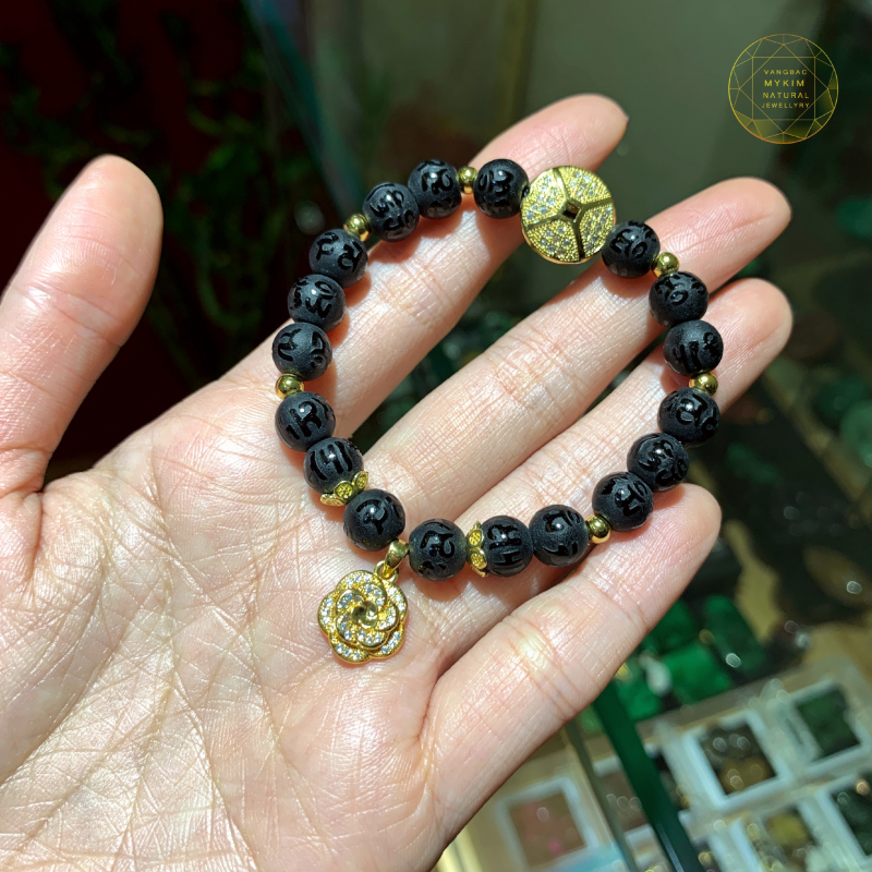 Vòng tay đá Mã Não đen mix charm hoa hồng , đòng tiền hoa bọc bạc mạ vàng