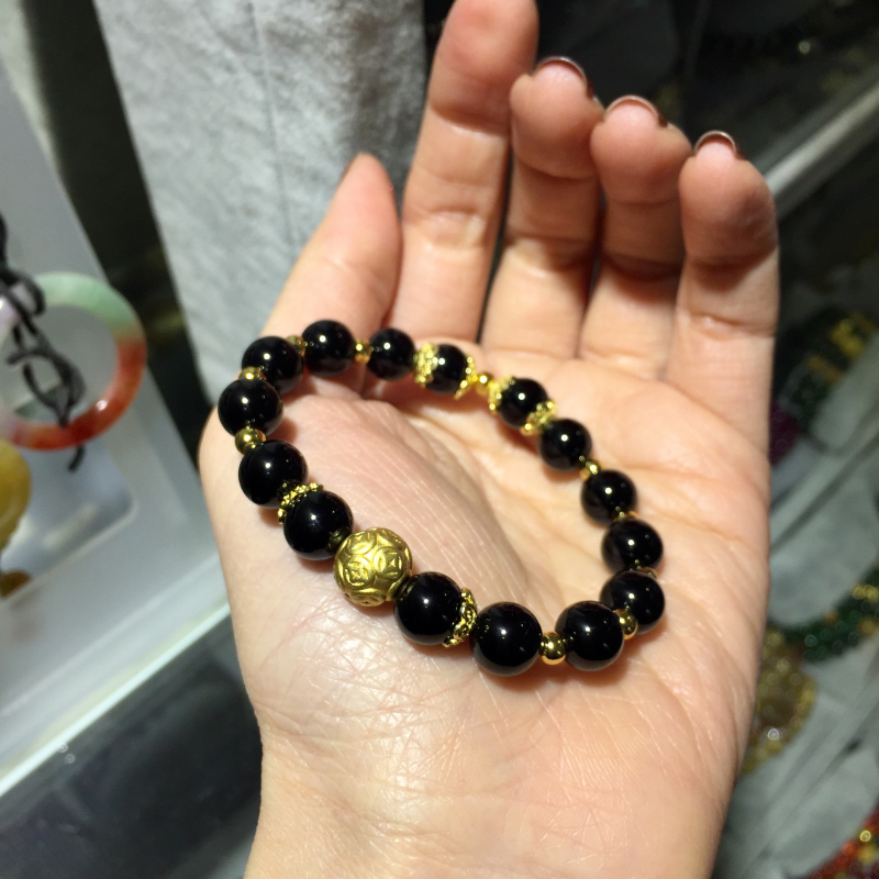 Vòng tay đá Mã Não đen mix charm kim tiền hoa bọc bạc mạ vàng