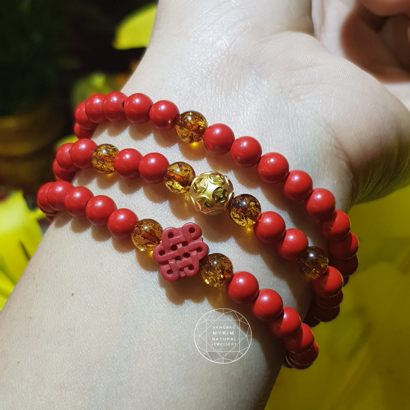 Vòng tay cuốn 3 vòng đá chusa + hổ phách vip mix charm kim tiền vàng 24k