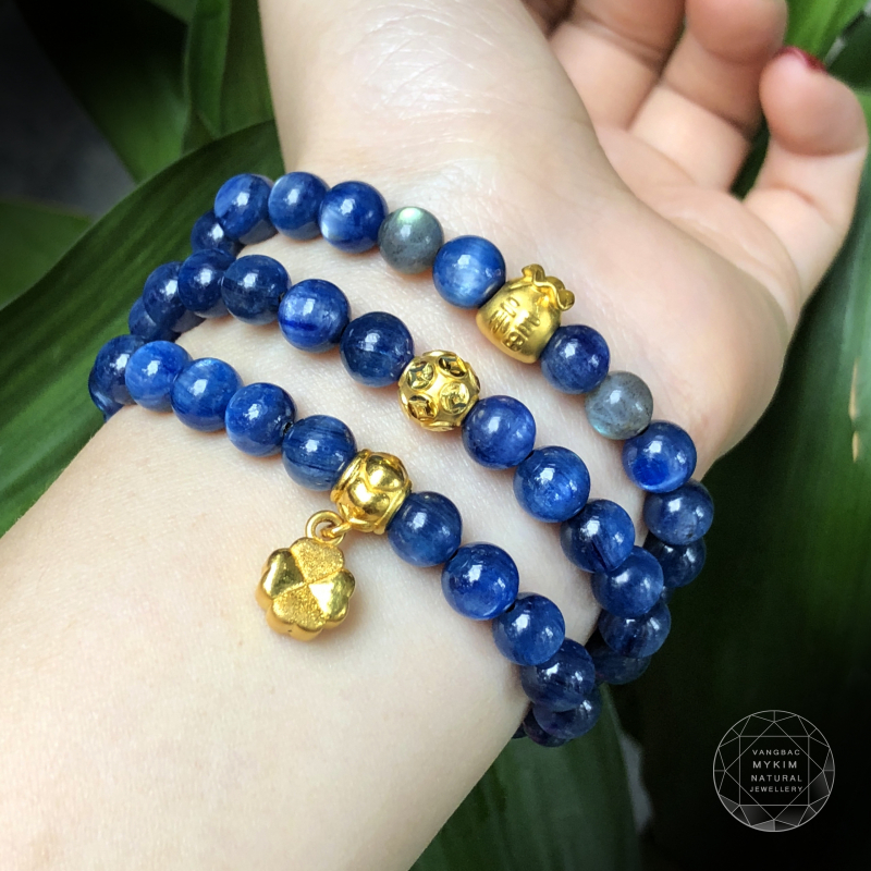 Vòng kyanit xanh mix charm vàng 