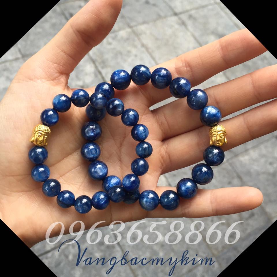 Vòng đá xanh kyanit VIP mix charm phật adida vàng