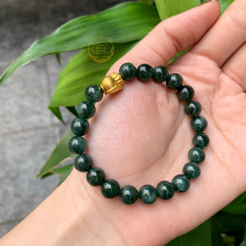 Vòng Ngọc cẩm thạch mix charm bàn tay Phật vàng 