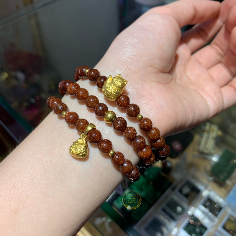 Vòng thạch anh tóc nâu đỏ VIP mix charm vàng 24k