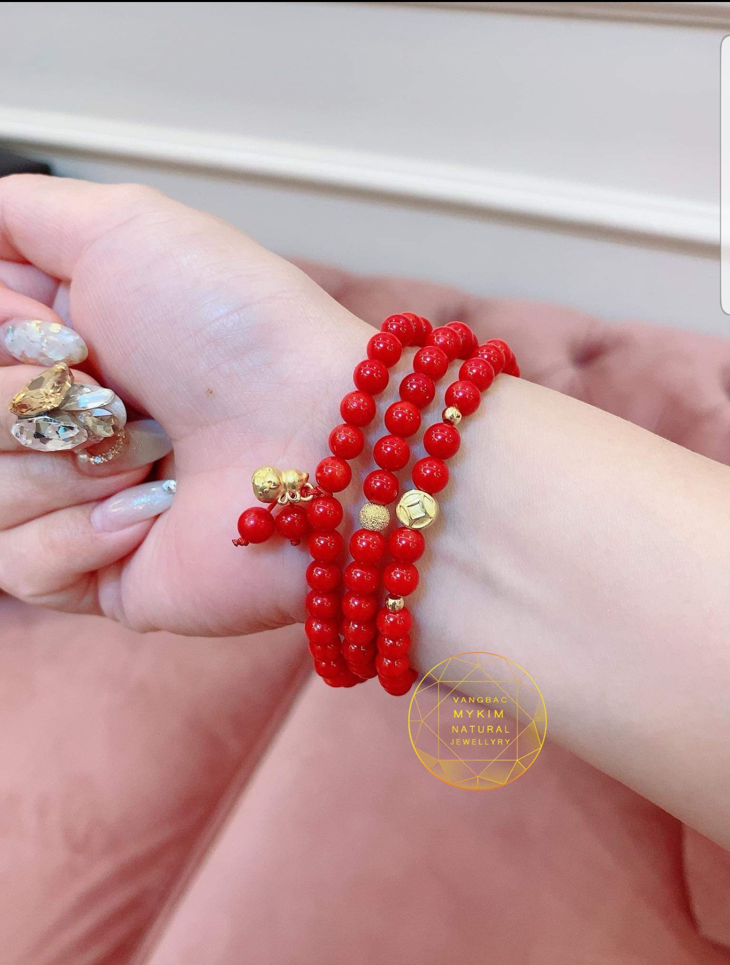 Vòng San Hô Đỏ 5mm Kết Hợp Vàng – Bộ 3 Vòng Quấn Tinh Tế, Năng Lượng Đong Đầy