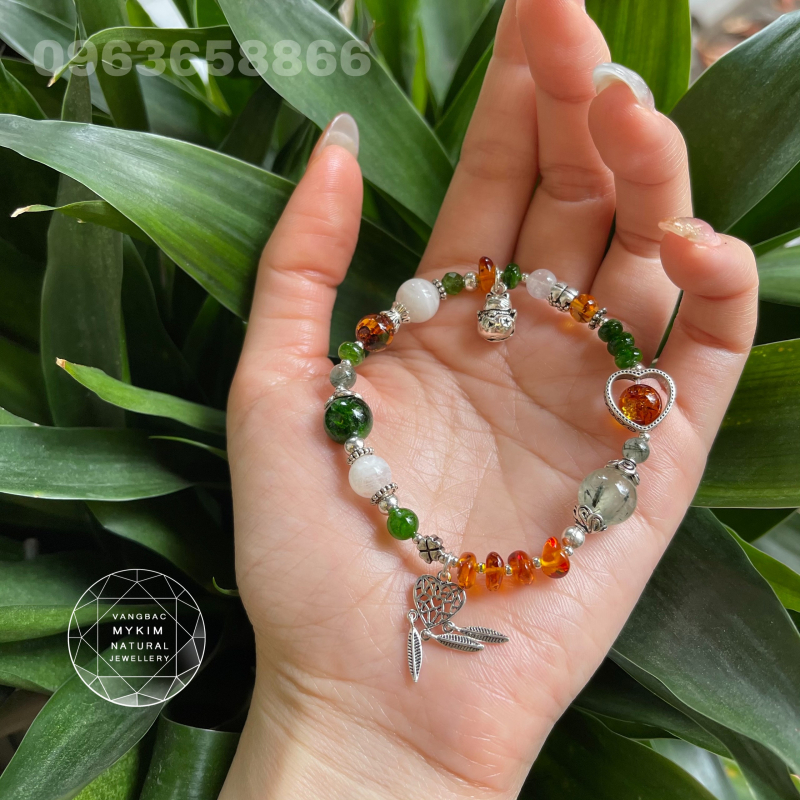 Vòng Diopside - Hổ Phách - Thạch anh tóc và đá Mặt trăng mix bạc 925