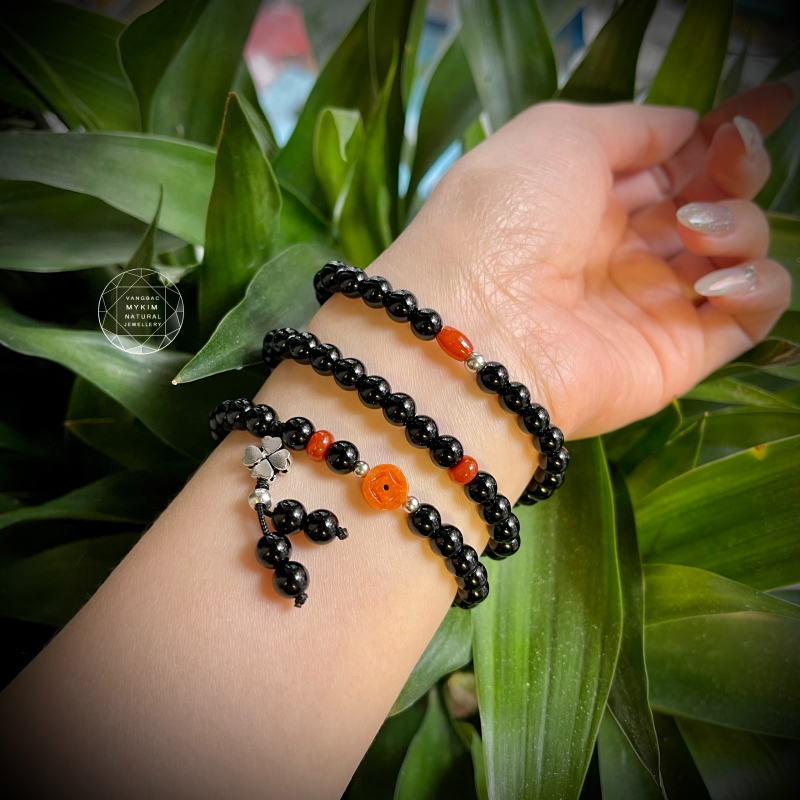 Vòng đá Mã Não Đen mix Ngọc Phỉ Thúy cam hoàng huyết - Bạc 925