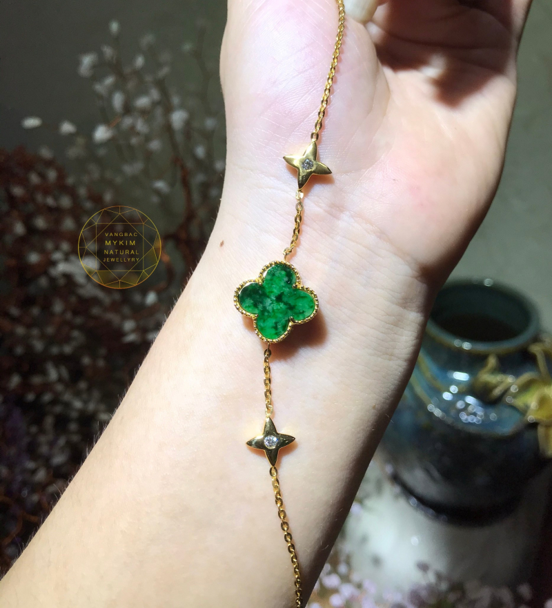 Lắc tay Ngọc Phỉ Thúy - Hoa Bốn Lá - Bọc Vàng 14k - 18k