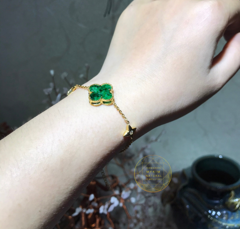 Lắc tay Ngọc Phỉ Thúy - Hoa Bốn Lá - Bọc Vàng 14k - 18k