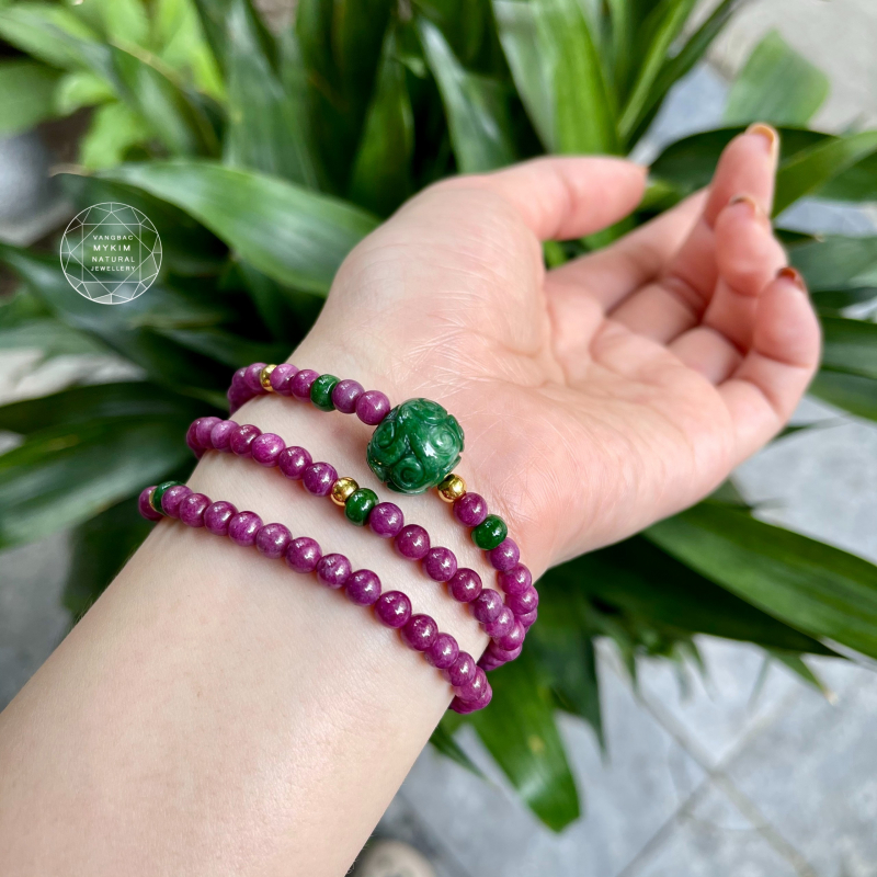 Chuỗi RUBY - Hồng Ngọc mix Ngọc Phỉ Thúy - Bi Vàng - VIP