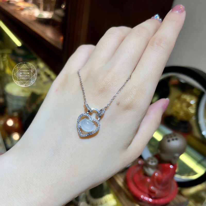🤍 Dây Chuyền Liền Mặt Băng Ngọc Phỉ Thúy Hình Trái Tim – Viền Bạc Đính Đá | Bạc Si Vàng Trắng 18k