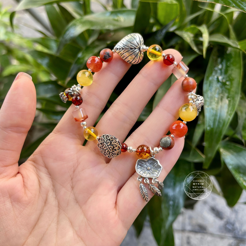 Vòng Hổ Phách mix Mã Não Nam Hồng - Bạc 925