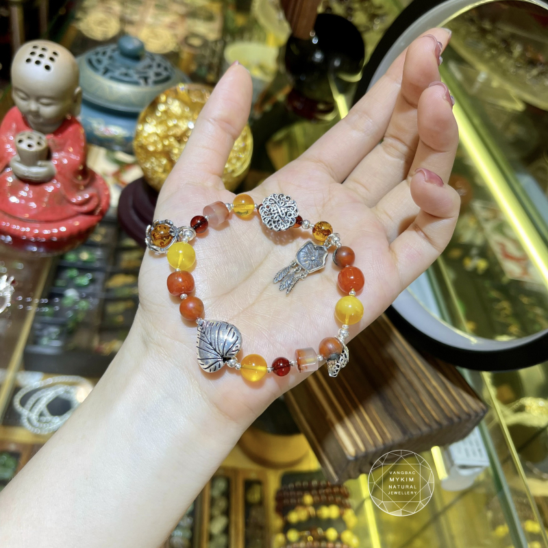 Vòng Hổ Phách mix Mã Não Nam Hồng - Bạc 925