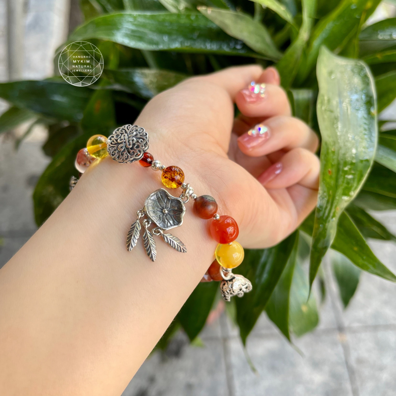 Vòng Hổ Phách mix Mã Não Nam Hồng - Bạc 925