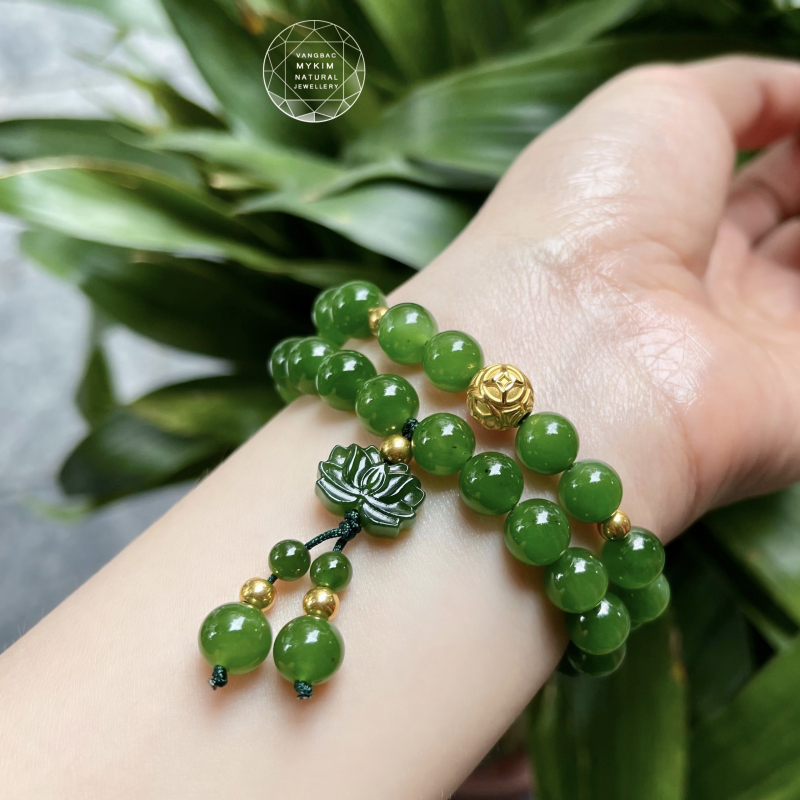 💚 Vòng Ngọc Bích Nephrite • Hoa Sen Mix Vàng • Tài Lộc & Bình An