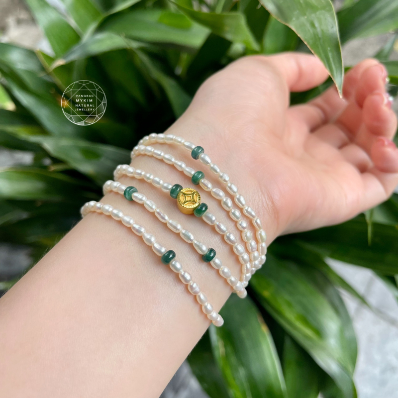 Chuỗi Ngọc Trai hạt gạo mix Ngọc Phỉ Thúy - Mix Vàng 