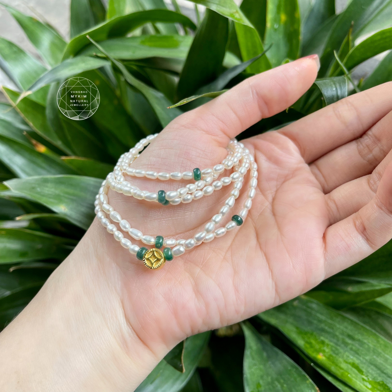 Chuỗi Ngọc Trai hạt gạo mix Ngọc Phỉ Thúy - Mix Vàng