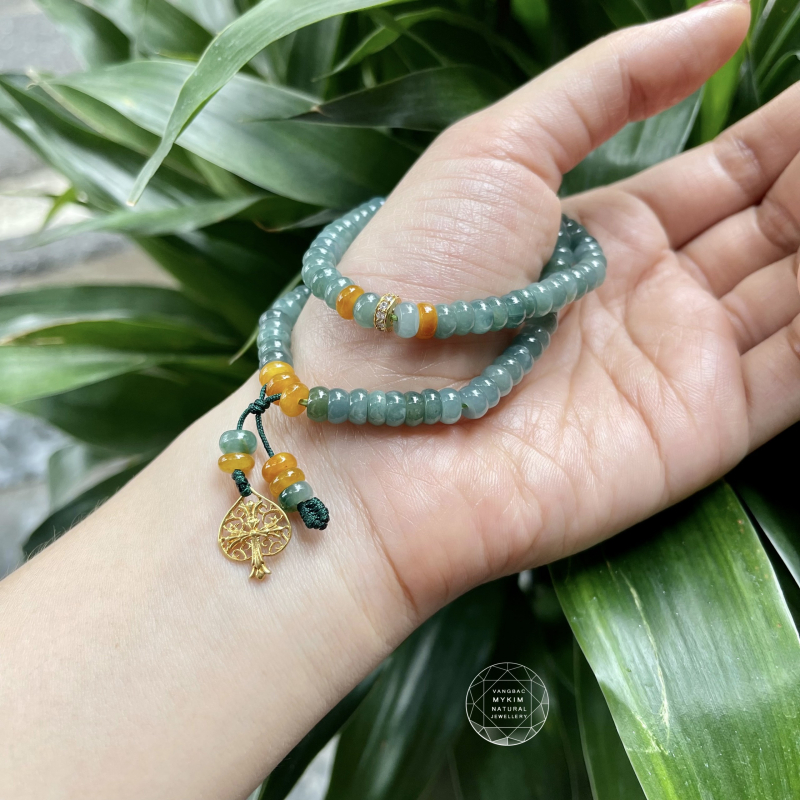 Vòng Phỉ Thúy Băng Dầu mix Lá Bồ Đề Vàng 10k