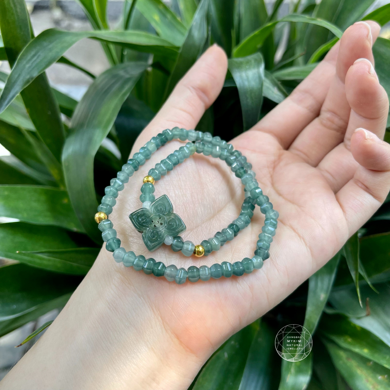 Vòng Ngọc Phỉ Thúy Băng Dầu - Hoa Bốn Lá mix Vàng 
