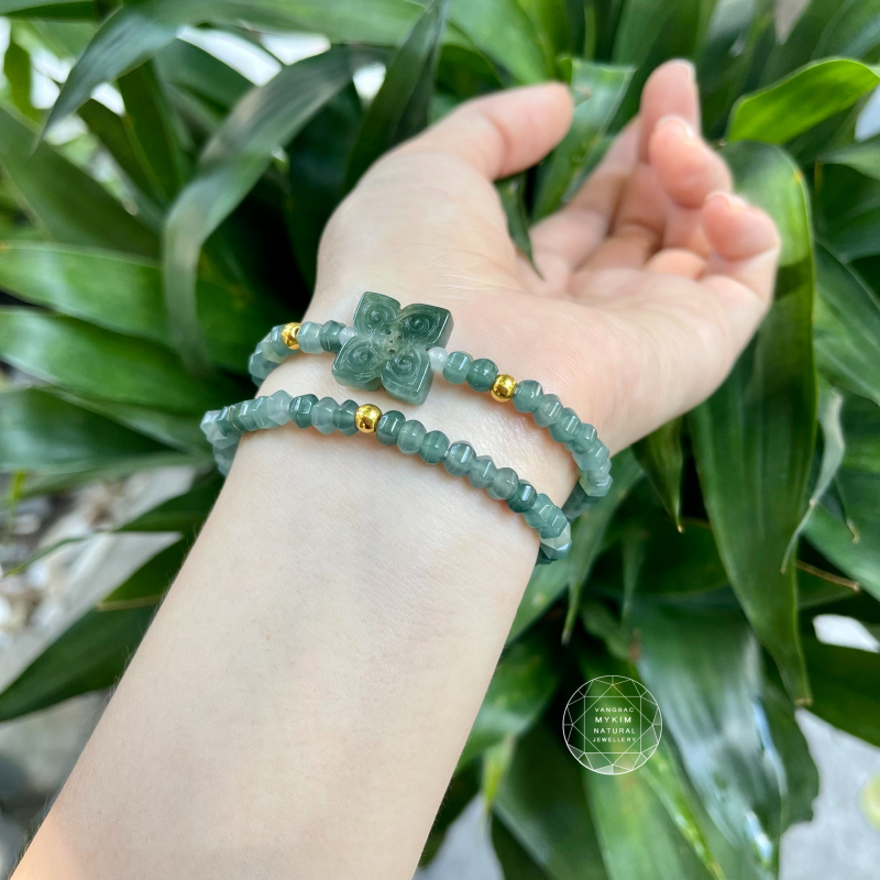 Vòng Ngọc Phỉ Thúy Băng Dầu - Hoa Bốn Lá mix Vàng 