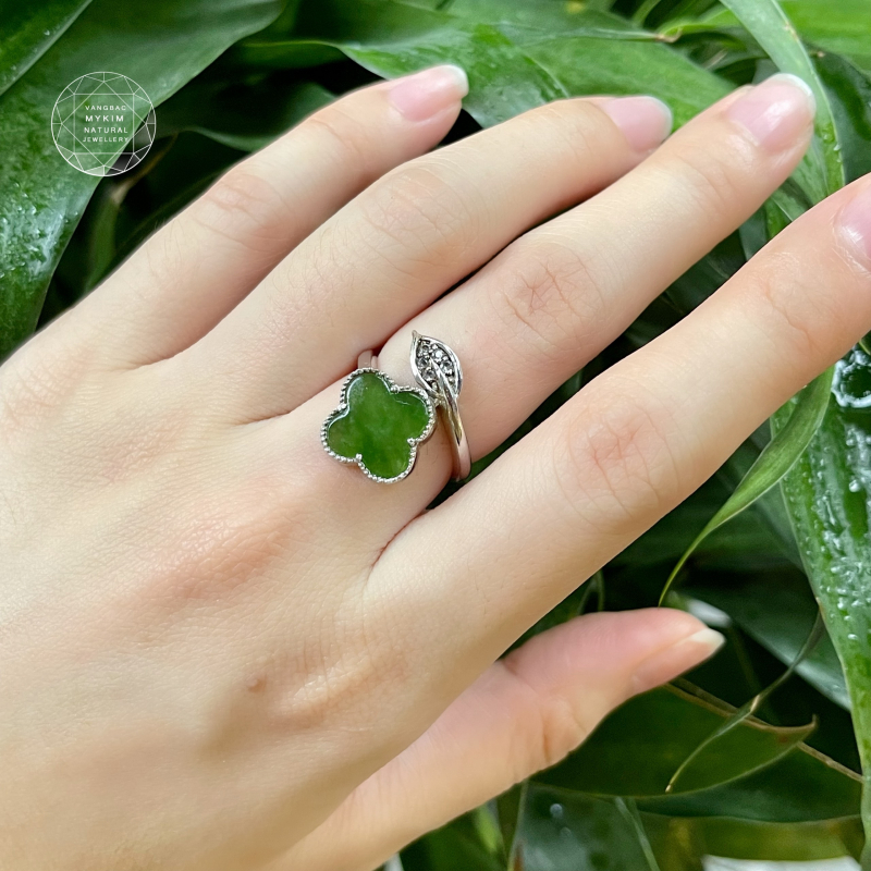 🍀 Nhẫn Cỏ Bốn Lá Ngọc Bích Nephrite • Bọc Vàng Trắng 10k - 14k - 18k • May Mắn, Tài Lộc & Bình An