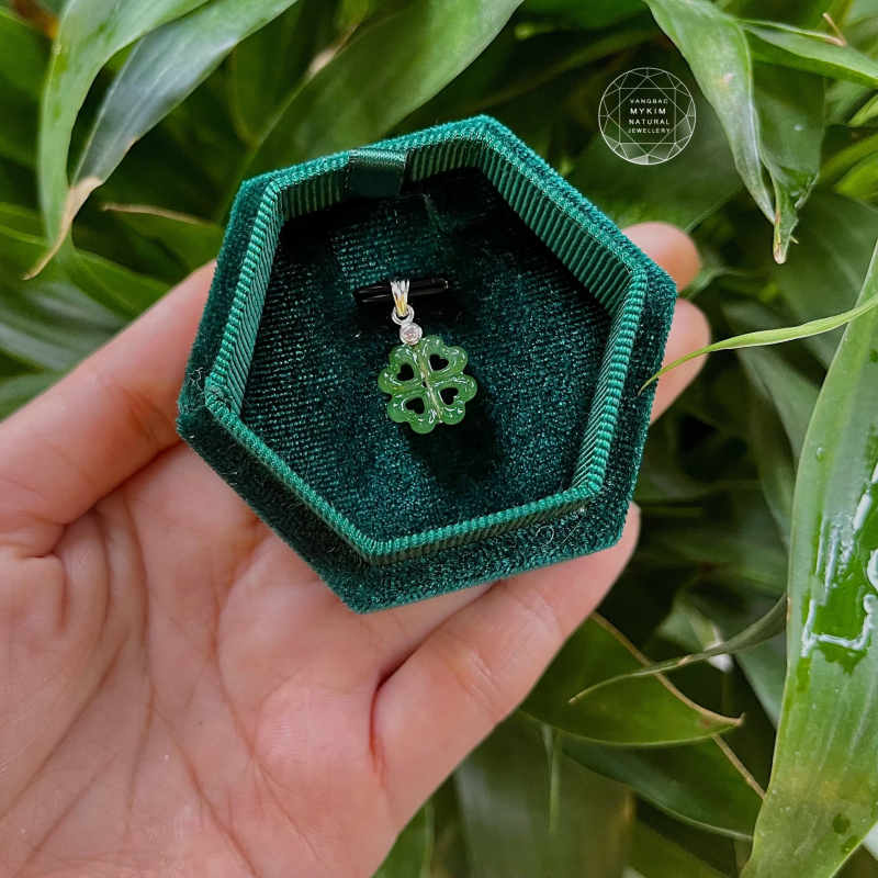 🍀 Mặt Dây Cỏ 4 Lá Ngọc Bích Nephrite • Bọc Vàng Trắng 10k - 14k - 18k • Biểu Tượng May Mắn & Bình An