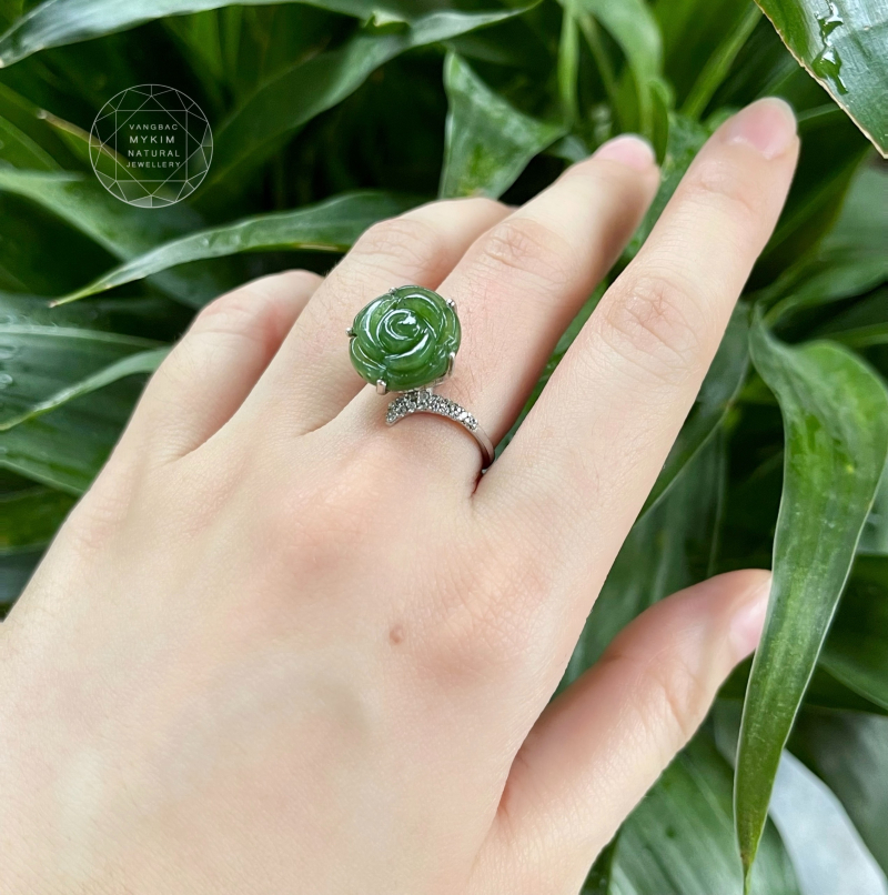 Nhẫn Hoa Hồng Ngọc Bích - Bạc si vàng trắng 18k